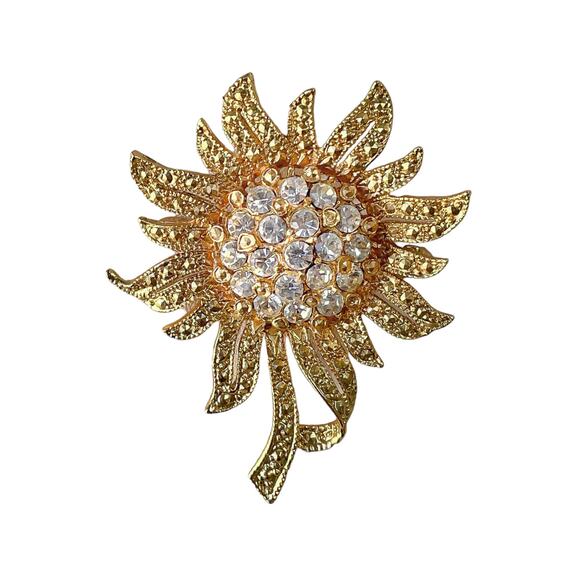 1980s Textured Gold Plate White Rhinestone Blooming Sunflower Floral Brooch Pin - Picture 3 of 3